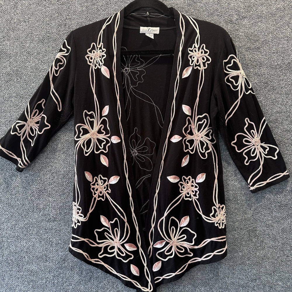 Vintage Open Cardigan Floral Soutache Embroidered Sz M Coquette Whimsigoth Shrug